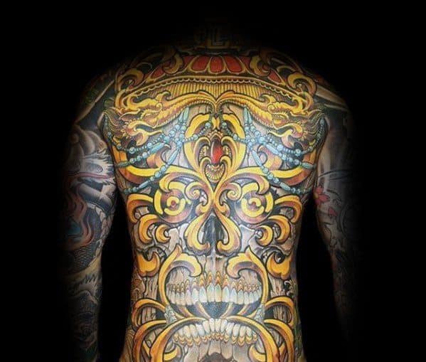 Golden Unique Skull Mens Full Back Tattoos