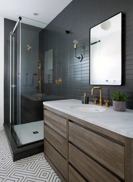 Good Ideas For Bathroom Backsplash Black Subway Tiles With Pattern Floor