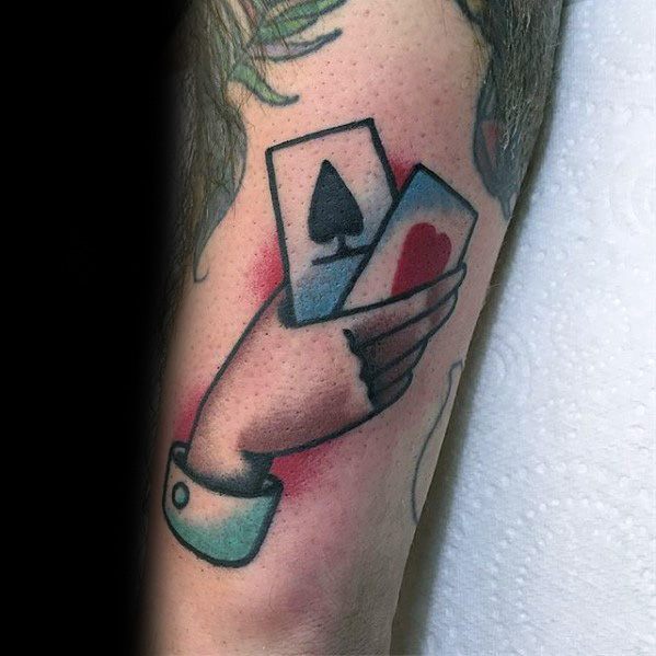 Good Luck Guys Playing Cards With Hand Outer Forearm Tattoo Ideas