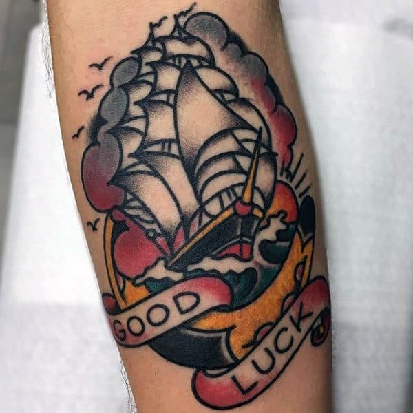 Good Luck Mens Sailing Ship Horseshoe Forearm Tattoos