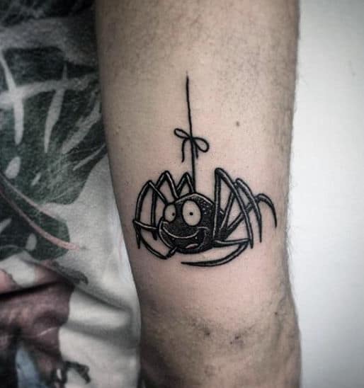 Goofy Hanging Spider Tattoo On Arms For Men