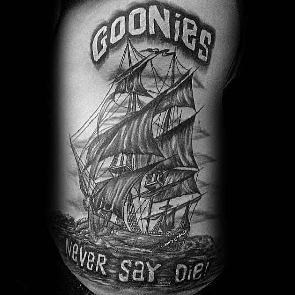 Goonies Never Say Die Ship Black And Grey Rib Cage Side Tattoo Design Ideas