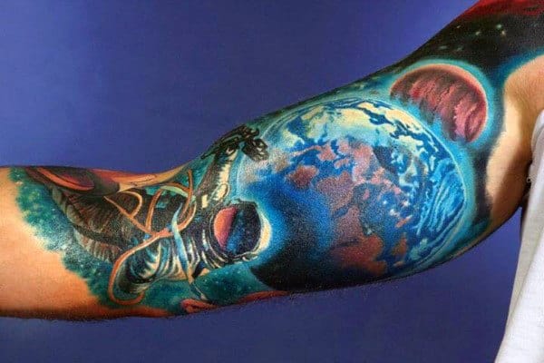 Gorgeous Earth View And Astronaut Tattoo Mens Sleeves
