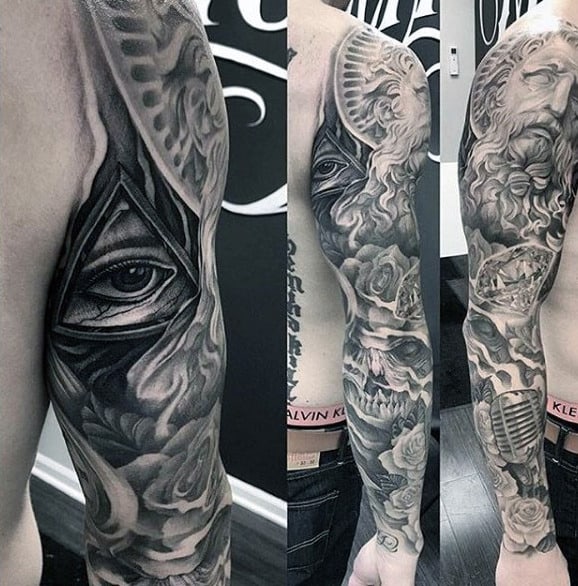 Gorgeous Eye In Traingle Grey Shaded Tattoo Males Sleeves