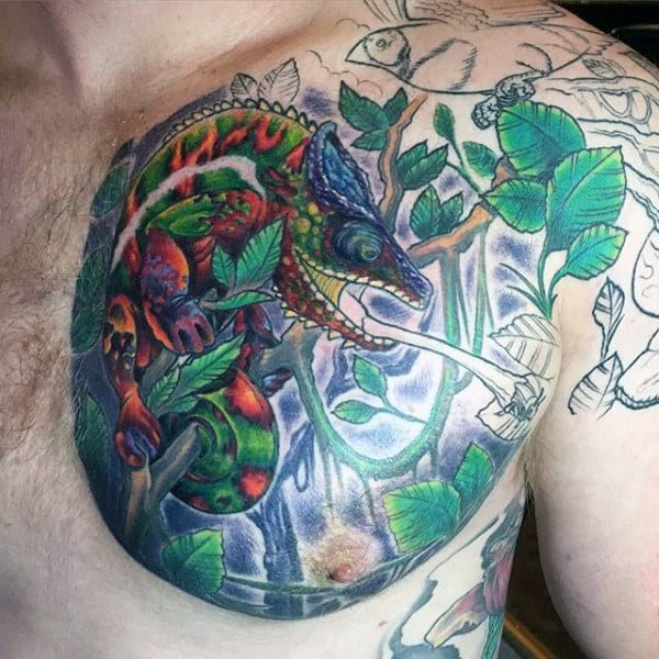 Gorgeous Green Leaves And Lizard Tattoo On Chest For Men