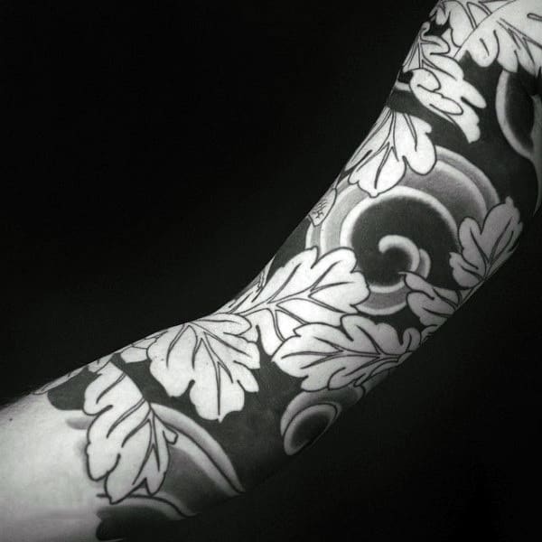 Gorgeous Guys Black And White Oak Leaf Tattoo On Sleeves