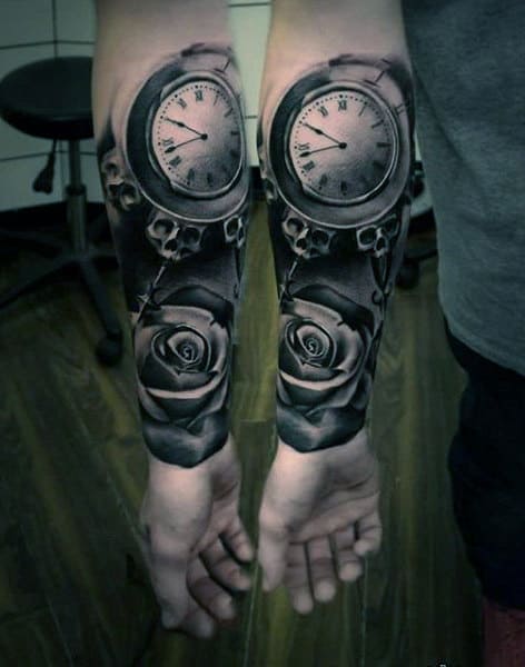 Gorgeous Pocket Watch With Rose Blossom Tattoo Forearms Guys