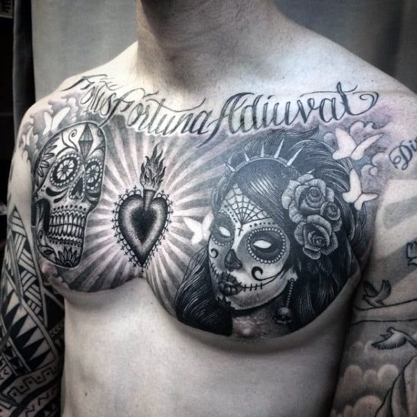 Gorgeous Skull Faced Woman Day Of The Dead Tattoo Male Chest