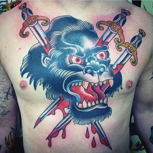 Gorilla Head With Swords Chest Guys Vintage Tattoo Designs
