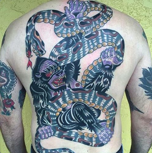 Gorilla With Snake Guys Badass Traditional Back Tattoos