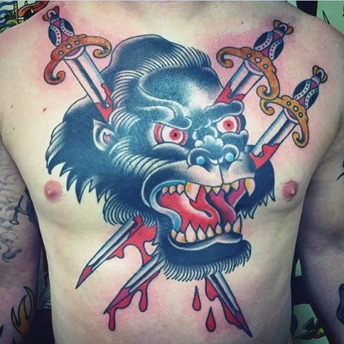 Gorilla With Swords In Head Guys Traditional Chest Tattoos