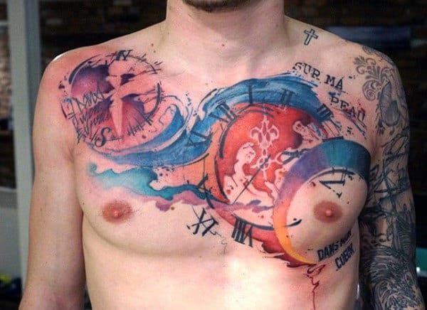 Gothic Timekeeper Watercolor Tattoo On Chest For Men