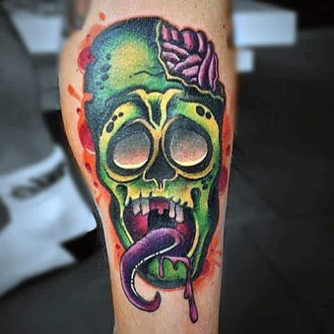 Graffiti Style Mens Leg Calf Zombie Tattoo With Brains Showing