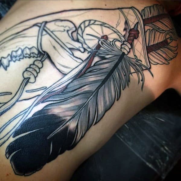 Grand Feather Design Tattoo On Full Back For Men