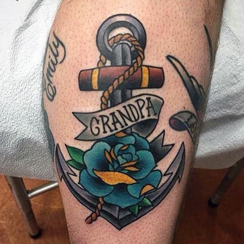 Grandpa Traditional Anchor Memorial Male Tattoos With Blue Ink Rose Design