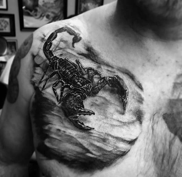Graphic Black Scorpion Tattoo On Chest For Men