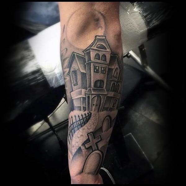 Gray Haunted House And Coffin Halloween Tattoo Male Forearms