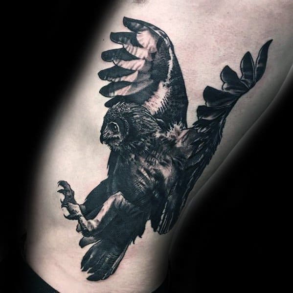 Great Flying Owl Rib Cage Side Tattoos For Men