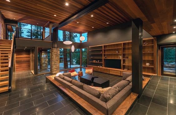 minimalist wood and black slate multiple level living room bookshelf 