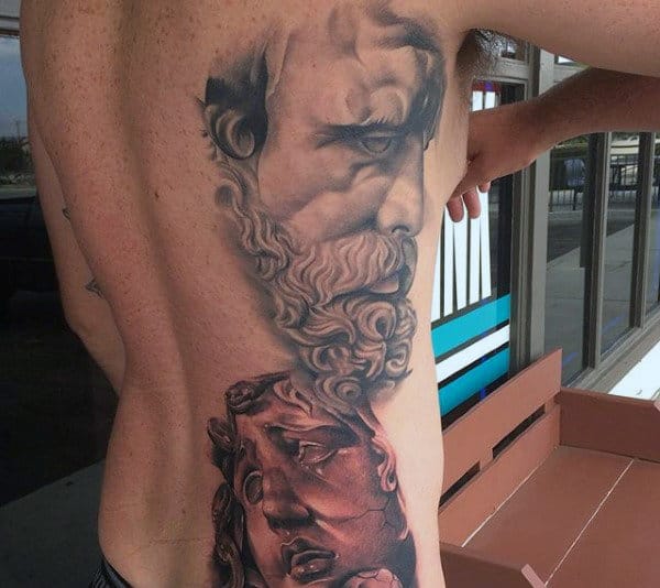 greek god faces tatoos on back for men