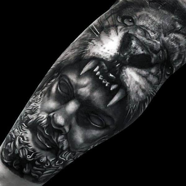 Greek God With Lion Head Realistic Mens Leg Tattoo Sleeve