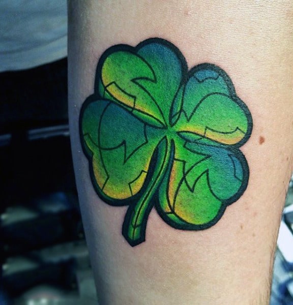 Green And Black Ink Four Leaf Clover Mens Inner Forearm Tattoo