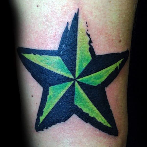 Green And Black Ink Nautical Star Arm Tattoos For Men