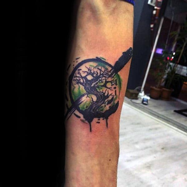 Green And Black Watercolor Guys Tree Of Life Inner Forearm Tattoos