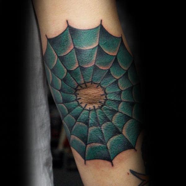 Green And Blue Guys Spider Web Elbow Tattoos