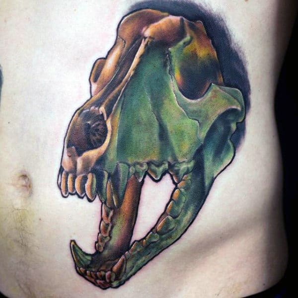 Green And Gold Wolf Skull Mens Rib Cage Side Tattoos