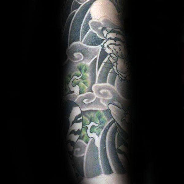 Green And Grey Shaded Japanese Forear Sleeve Tattoo Design Ideas For Men