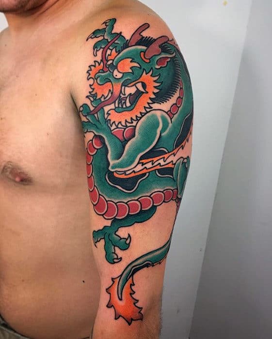 Green And Red Old School Traditional Dragon Arm Tattoos For Men