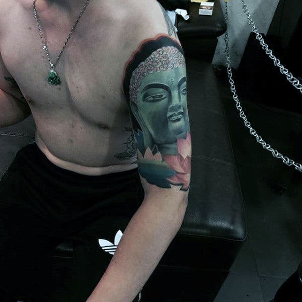 Green Buddha Religious Tattoo On Male Sleeves