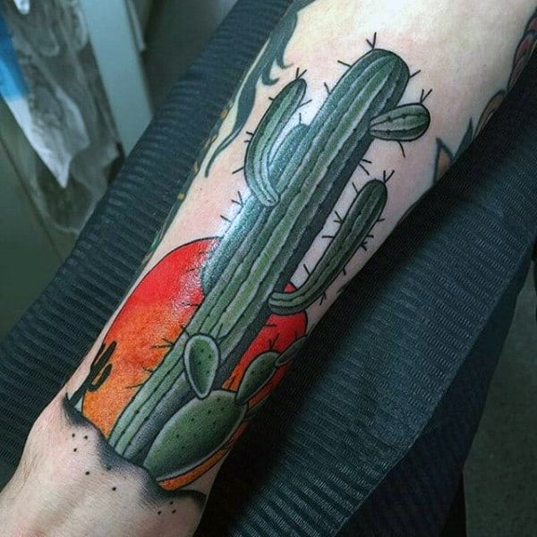 Traditional cactus tattoo on the calf