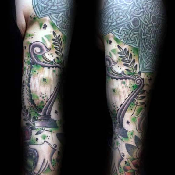 Green Celtic Sleeve Harp Tattoo Ideas For Gentlemen