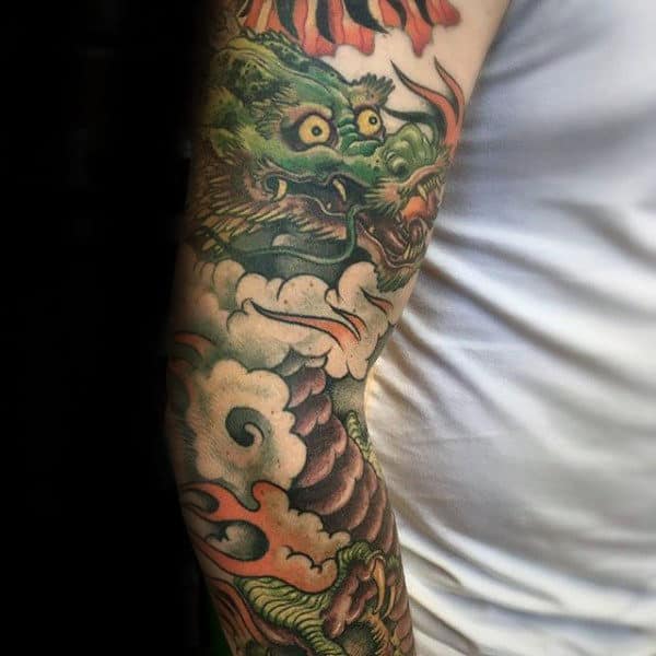 Green Chinese Dragon With Orange Flames Mens Arm Tattoo