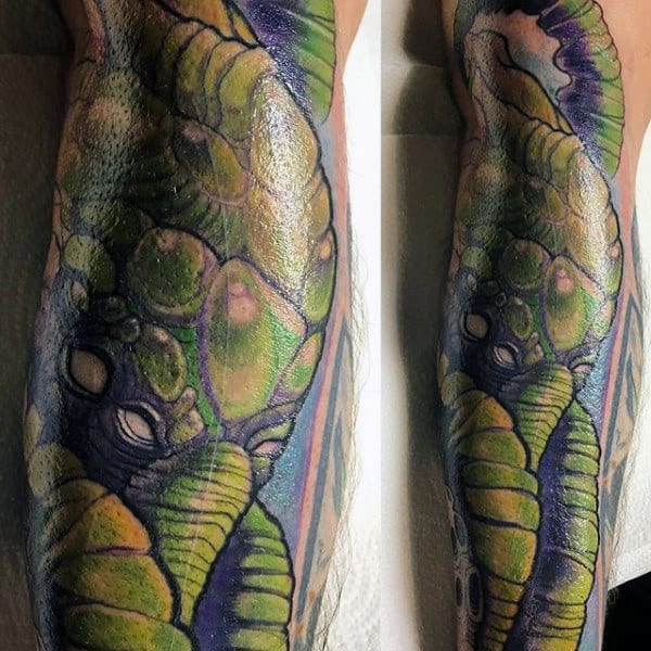 Green Cthulhu Mens Leg Sleeve Tattoo Designs.