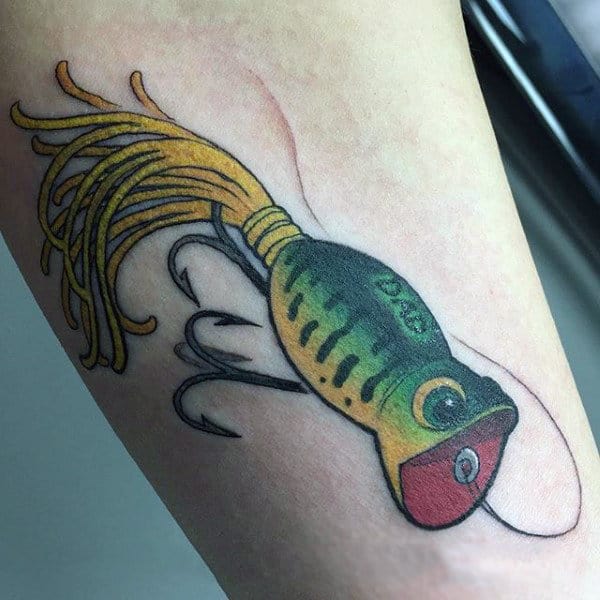 Green Dad Fish Hook Bait Tattoo For Men On Arm