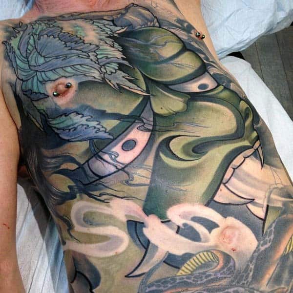 Green Demon Mask Extreme Mens Full Chest Tattoo Designs