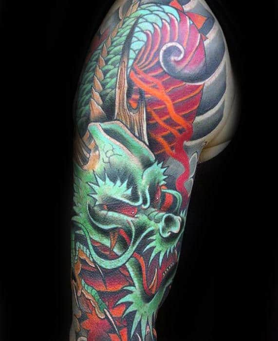 Green Dragon Masculine Guys Half Sleeve Japanese Tattoos