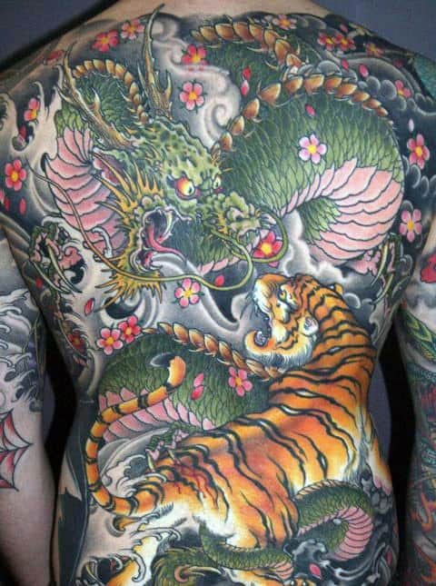 Green Dragon With Tiger Full Back Guys Tattoos