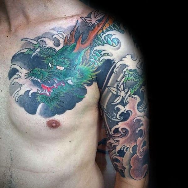 Green Dragon With Water Waves Male Japanes Tattoo