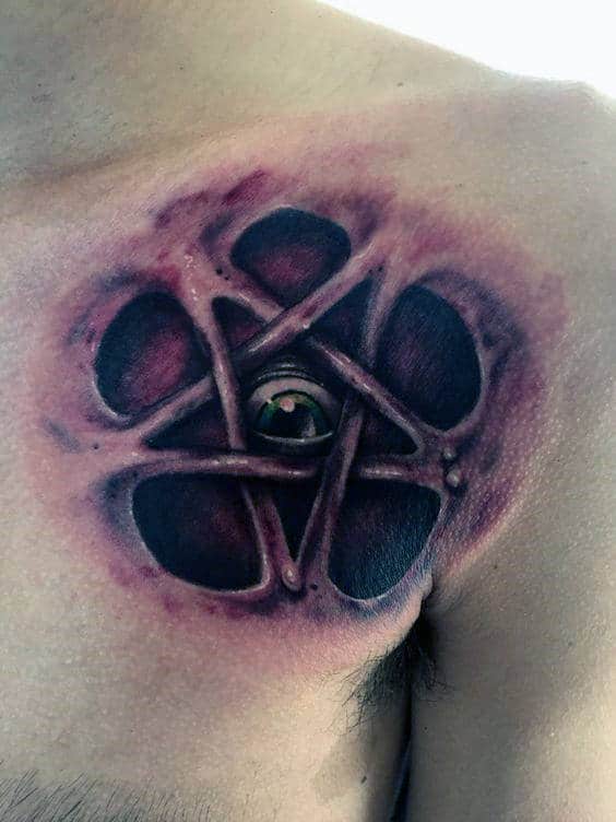 Green Eye In Pentagram Tattoo Male Chest