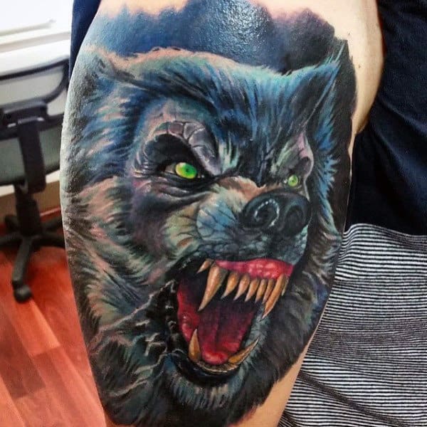 Green Eyed Scary Werwolf Tattoo Male Upper Arms