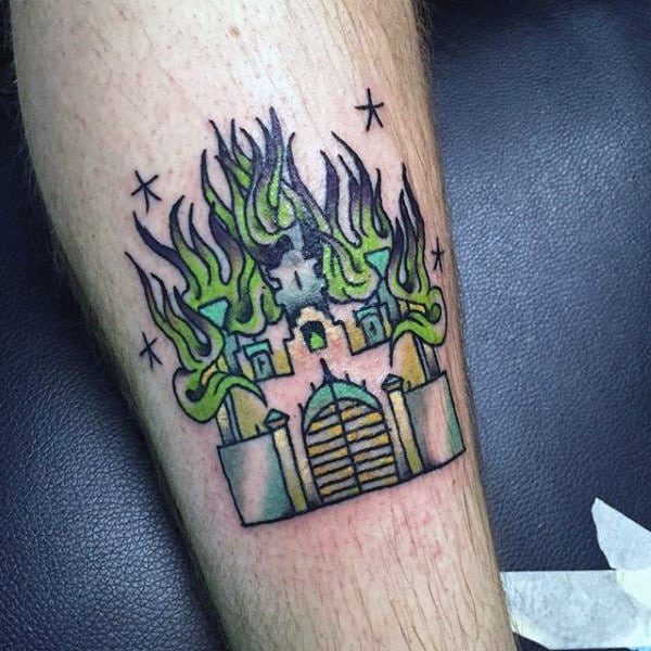 Green Flaming Castle Tattoo For Men On Arm