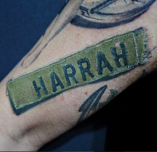 Green Ink 3d Army Name Patch Tattoo On Mans Wrist