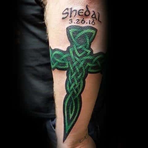Green Ink Celtic Knot Cross Mens Outer Forearm Tattoos
