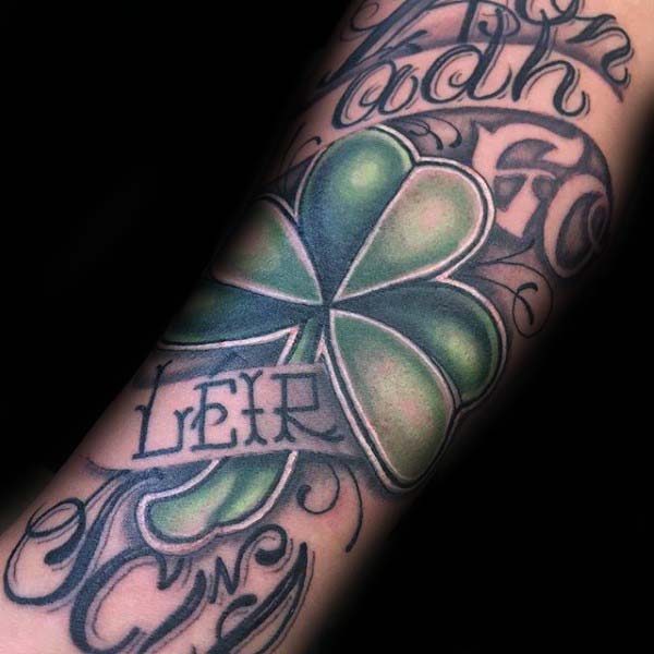 Green Irish Three Leaf Clover Mens Forearm Sleeve Tattoo