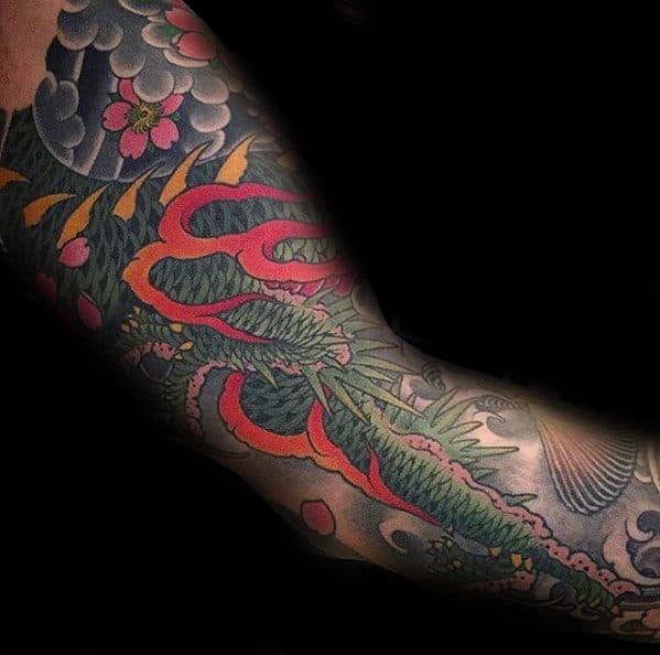 Green Japanese Dragon Guys Full Arm Tattoo