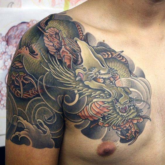 green-japanese-dragon-quarter-sleeve-and-chest-mens-tattoos